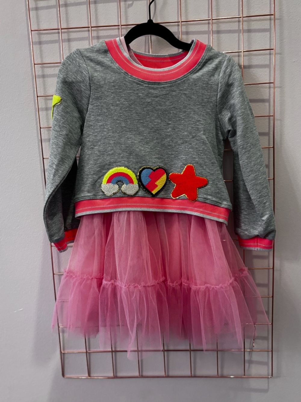 Baby Sara Girls Grey Sweatshirt with Pink Tulle Skirt - Rainbow & Star Patches